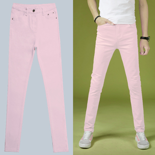 男士牛仔裤2023修身铅笔小脚弹力韩版休闲裤，粉色纯色长裤