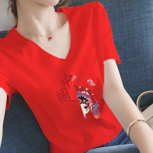 2022春夏V领纯棉短袖T恤女中国风红色国国潮印花学生花旦上衣