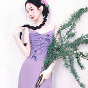 甜辣风踏春穿搭别致独特裙子很仙的连衣裙紫色防晒开衫吊带两件套