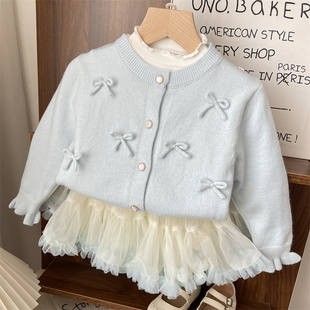 女童毛衣春秋款蓝色蝴蝶结针织，开衫小童公主外搭宝宝，时髦外套洋气