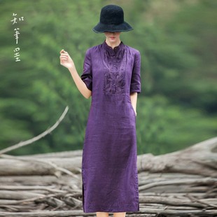 知笔墨夏紫色(夏紫色)亚麻，领口刺绣宽松遮肉连衣裙小格子棉麻气质裙子
