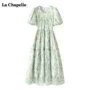 拉夏贝尔/La Chapelle夏季绿色碎花连衣裙女中长款油画裙子