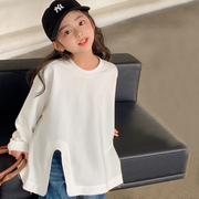 女童长袖T恤2024儿童不规则宽松洋气韩版女孩上衣白色打底衫