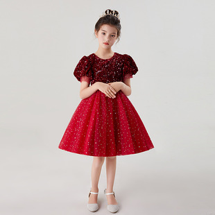 女童短袖晚礼服网纱蓬蓬短款公主裙甜美表演主持节目红色连衣裙