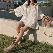 韩国chic宽松系带喇叭袖200斤大码慵懒棉麻透气慵懒中长款衬衫女