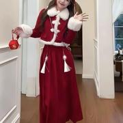 红色两件套半身裙年圣诞节棉战袍圣诞套装夹秋冬连衣裙外套新