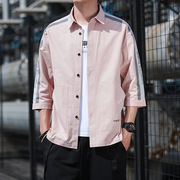 七分袖衬衫男短袖士中青年职业商务正工装作上衣服大码外套粉红色
