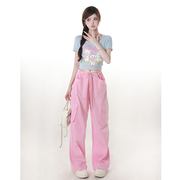 春夏甜辣风小个子粉色工装裤，女设计感美式休闲高腰抽绳运动长裤子