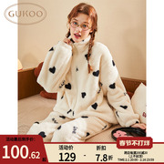 GUKOO/果壳女冬季珊瑚绒爱心波点加绒加厚女士家居睡衣套装可爱