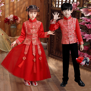 女童唐装男童中山装中国风绸缎儿童秀禾服红色拜年服中式花童礼服