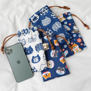日系和风蓝色系束口手机包女中青年棉布，抽带手机套充电宝收纳袋