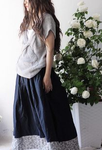 静好布衣日式文艺藏蓝拼接亚麻撞色腰裙自然主义风格