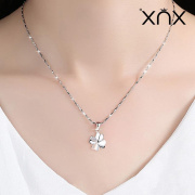 xnx S999纯银项链女短款锁骨链日韩版时尚清新银饰首饰品简约四叶