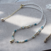 天然淡水珍珠项链白色水晶串珠小粒蓝色天然石锁骨链糖果彩色设计