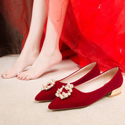 元鲜尖头平底婚鞋女红色结婚鞋子新娘鞋2021年春孕妇可穿低跟