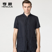 中国风亚麻短袖衬衫男士复古立领，中式民族唐装衬衣休闲棉麻寸男装