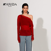 K KRIZIA2022秋红色褶皱露肩设计透视修身性感羊毛针织衫女