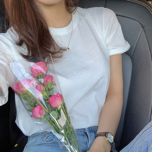 韩国chic夏季小清新圆领套头宽松百搭休闲纯色短袖T恤上衣女