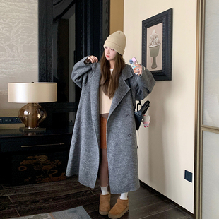 灰色高级感呢子大衣女2023冬季宽松加厚过膝长款双面羊绒外套