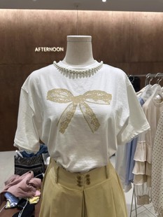 现韩国东大门afternoon女2024春季珍珠，圆领蝴蝶结印花短袖t恤