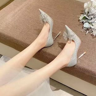 法式水晶鞋2023春秋银色，婚鞋水钻蝴蝶结尖头高跟鞋，女细跟单鞋