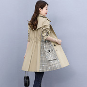 流行风衣外套，女中长款2022年春秋韩版宽松格子，拼接卡其色大衣