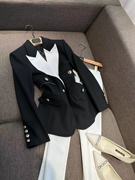 VANLU 高级黑白拼色 优雅时髦 金属纽扣驳领修身通勤长袖西装外套