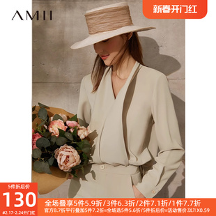 Amii高级感雪纺衬衫女2021年秋季配腰带V领不规则薄款上衣