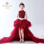 儿童拖尾礼服公主裙蓬蓬纱女童模特走秀晚礼服红色中式钢琴表演服