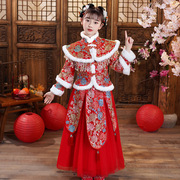 女童秋冬拜年长裙重工新年演出服红色公主裙，春秋长袖b类连衣裙