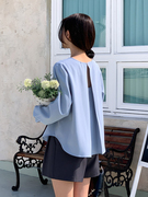 韩国chic2024小众设计露背纯色雪纺，衫圆领衬衣宽松长袖韩版衬衫