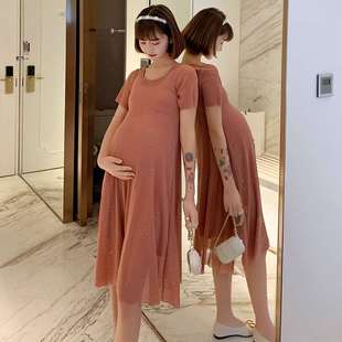 韩国夏季孕妇连衣裙，韩版大码复古优雅气质圆领满天星中长款孕妇裙
