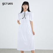 gcrues白色长款连衣裙女宽松夏短袖jk风裙子设计感衬衫裙过膝
