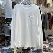白色T恤女春秋季2023年设计感口袋宽松休闲圆领套头卫衣上衣