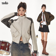 ueko美式复古皮衣外套女短款设计感立领港风复古棕色pu皮机车夹克