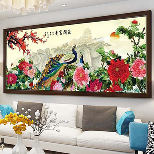 丝带绣花开富贵孔雀牡丹，图梅花版2米立体彩印客厅挂画非十字
