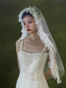 新娘复古蕾丝荷叶边头纱，化妆造型高级感摄影拍照旅拍订婚主纱头饰