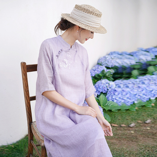 莎韵诗夏季棉麻女装紫色连衣裙，新中式改良旗袍，刺绣复古茶艺服