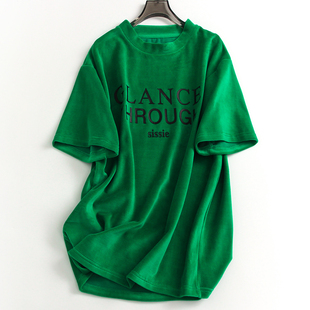 绿色丝绒字母图案，宽松显瘦中长款圆领短袖上衣，春夏女t恤m176