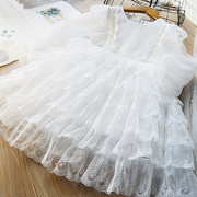 甜美女童蕾丝裙蛋糕裙儿童韩版长袖白色公主裙长袖连衣裙2023春装