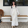 韩国chic秋季法式宫廷风，v领拼接蕾丝，花边收腰长袖白色连衣裙子女