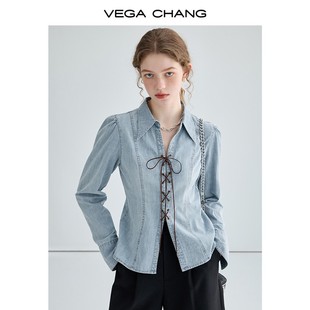 vegachang牛仔衬衫女设计感小众交叉绑带辣妹风港风上衣秋装时尚