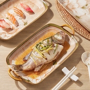 山茶花鱼盘家用蒸鱼盘子高级感餐具，长方形双耳鱼碟子陶瓷装鱼菜盘