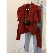 高级感洋气立领短款泡泡袖新中式镂空可拆卸袖套红色针织衫毛衣女