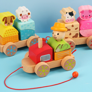 木质小火车儿童男女孩木头拼装拖拉积木宝宝车1-3岁4早教益智玩具