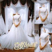 实物拍摄长袖蕾丝，显瘦v领大拖尾婚纱租赁出售北京实体店