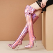 亮皮尖头女鞋细跟高跟过膝长靴长筒金色紫色红色粉色大码女靴 JBH