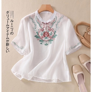 新中式棉麻刺绣短袖衬衫女夏装，妈妈国风亚麻宽松上衣苎麻薄款小衫