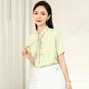韩版时尚雪纺短袖女士，条纹衬衫夏小清新绿色领带上衣气质显瘦通勤