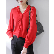红色上衣女春秋设计感桑蚕丝荷叶边长袖，真丝衬衫甜美减龄